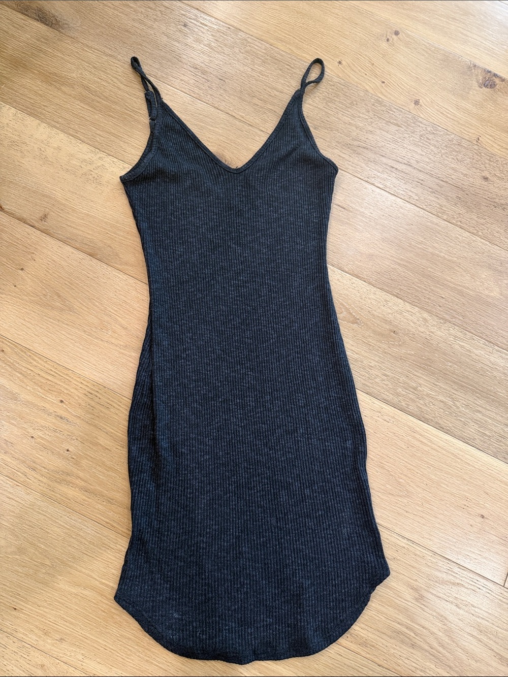 Audrey 3+1 Ribbed V-Neck Spaghetti Strap Dress — Charcoal